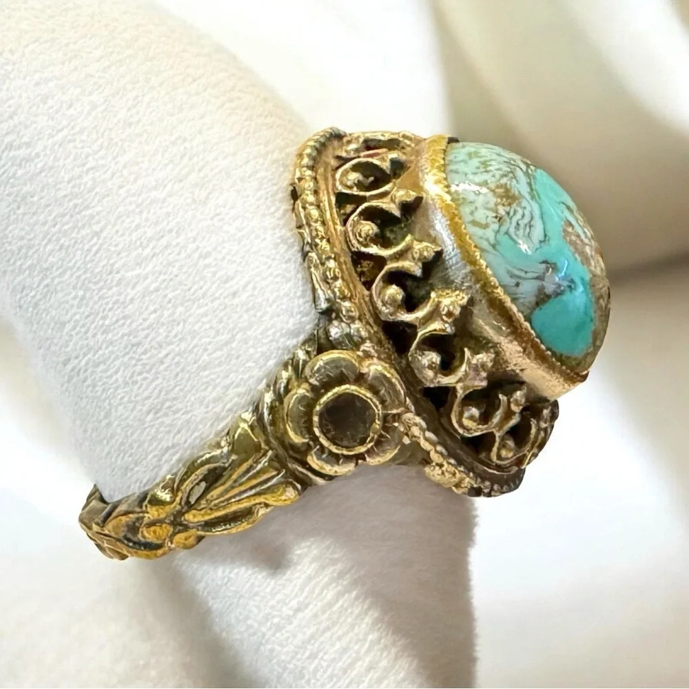 Antique Persian Turquoise Austro-Hungarian Turquoise Cannetille Gilt Ring (6)